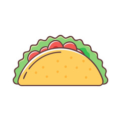 Illustration of a Taco with Lettuce and Tomatoes, Vector illustration of a taco filled with lettuce, tomatoes, and a soft shell, showcasing a delicious, vibrant look.
