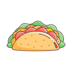 Illustration of a Taco with Lettuce and Tomatoes, Vector illustration of a taco filled with lettuce, tomatoes, and a soft shell, showcasing a delicious, vibrant look.

