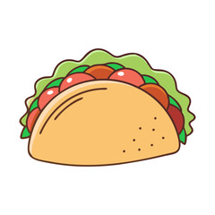 Illustration of a Taco with Lettuce and Tomatoes, Vector illustration of a taco filled with lettuce, tomatoes, and a soft shell, showcasing a delicious, vibrant look.
