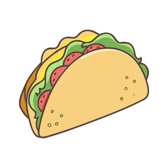 Illustration of a Taco with Lettuce and Tomatoes, Vector illustration of a taco filled with lettuce, tomatoes, and a soft shell, showcasing a delicious, vibrant look.
