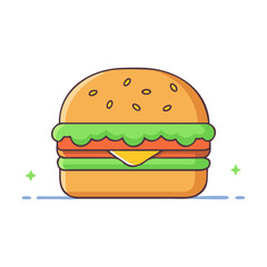 Illustration of a Cheeseburger with Lettuce and Tomato, Vector illustration of a cheeseburger with lettuce, tomato, and a slice of cheese on a sesame seed bun.
