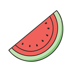 Illustration of a Watermelon Slice, Vector illustration of a slice of watermelon, showing its vibrant red and green colors.
