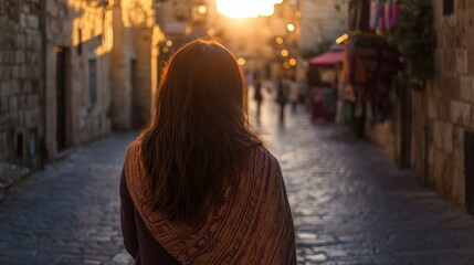 young woman from behind with scarf on the street on a sunset