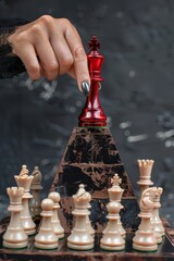 Woman puts a glossy red chess king figure on top of a pyramid, black background