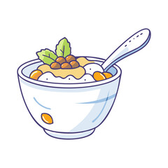 Illustration of Yogurt with Nuts and Mint, Vector illustration of a bowl of yogurt topped with nuts and mint leaves, accompanied by a spoon.
