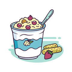 Illustration of Yogurt with Berries and Cookies, Vector illustration of a cup of yogurt with berries, granola, and a side of cookies, with a spoon.
