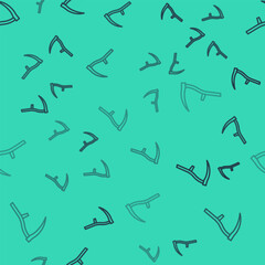 Black line Scythe icon isolated seamless pattern on green background. Happy Halloween party. Vector