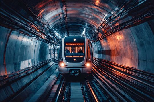 Fototapeta front view of modern train in round subway tunnel