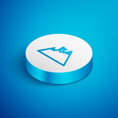 Obraz premium Isometric line Mountains with flag on top icon isolated on blue background. Symbol of victory or success concept. Goal achievement. White circle button. Vector