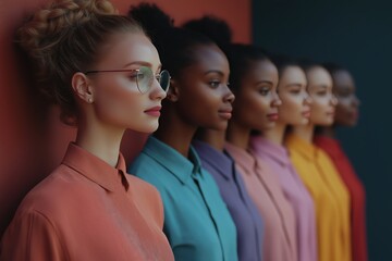 Fototapeta premium Diverse women stand in a line, showcasing their colorful attire and unique profiles against a vibrant backdrop, celebrating individuality and style