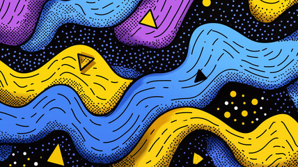 Colorful abstract pattern with wavy lines and geometric shapes