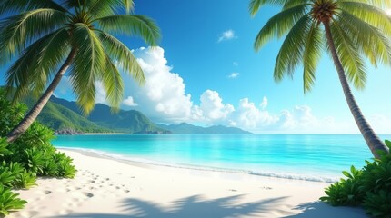 A serene tropical beach with clear blue water, palm trees, and distant mountains, creating a peaceful and vibrant landscape, perfect for travel, vacation, and nature themes