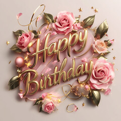 A beautiful birthday greeting with 'Happy Birthday' written in elegant gold lettering over a bed of fresh pink flowers. The floral background includes roses and peonies, creating a luxurious and festi