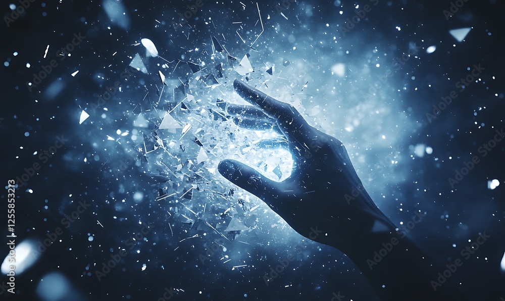 Poster a mysterious hand reaches out amid a swirling explosion of light and shards, evoking themes of creat