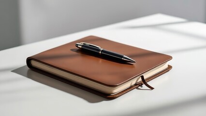 Employee Appreciation Day. Elegant pen lying on brown leather notebook on white table