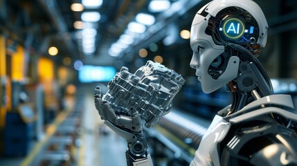 An AI human holds an aluminum-cast car engine cylinder head in his hand, with a conveyor belt behind him