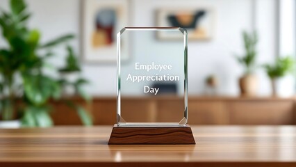Employee Appreciation Day. A Glass award with the inscription Employee Appreciation Day is standing on a wooden table in a modern office, celebrating employee achievements and contributions