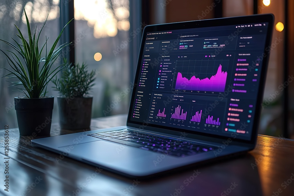 Poster laptop displaying financial data with a sleek modern interface on a wooden desk complemented by plan