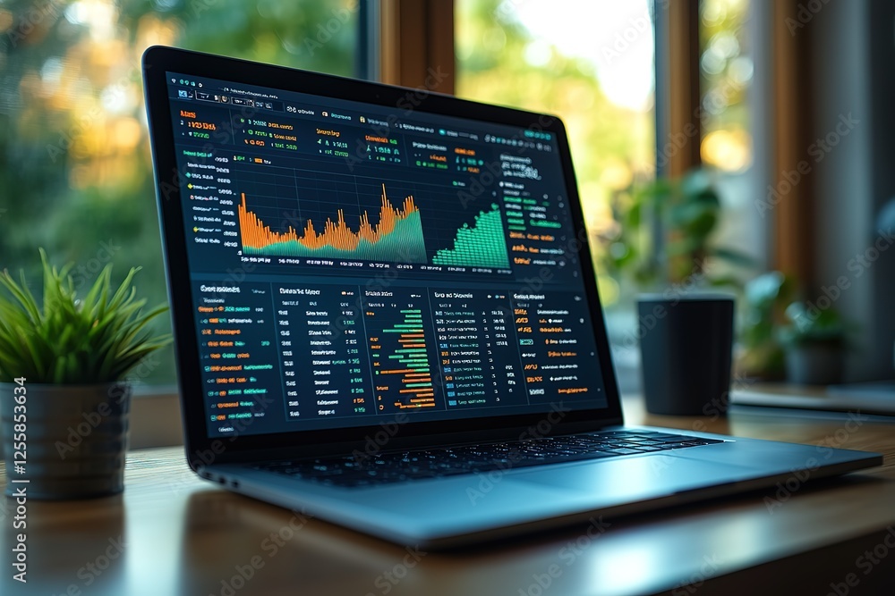 Poster laptop display showcases financial data and stock market graphs creating a dynamic and informative s