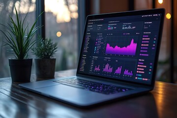 Laptop displaying financial data with a sleek modern interface on a wooden desk complemented by plants and a blurred background