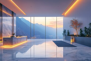 Elegant reception area with a view of mountains during sunset Interior design combines natural elements with modern architecture