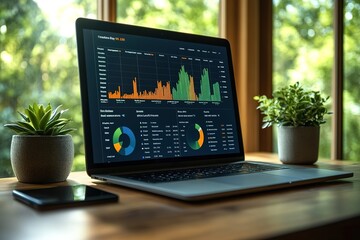 Laptop display with financial graphs and charts surrounded by plants on a wooden desk showcasing data analysis and modern workplace