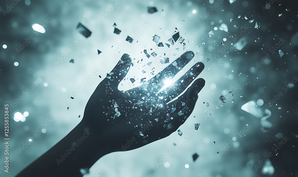 Poster a hand reaching out amidst sparkling particles, symbolizing creation, magic, or the power to manipul