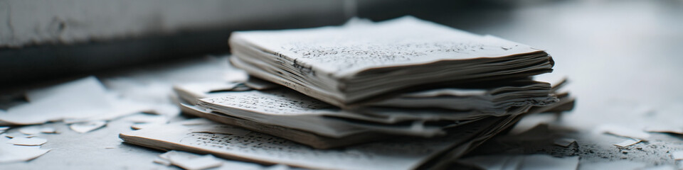 Stack of Damaged Paper Documents with surrounding fragments