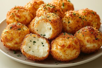 Fototapeta premium Golden fried mozzarella balls with herbs A crispy appetizer with a soft creamy center perfect for parties and gatherings