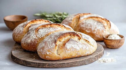 Fototapeta premium Homemade artisanal loaves of bread on a wooden board