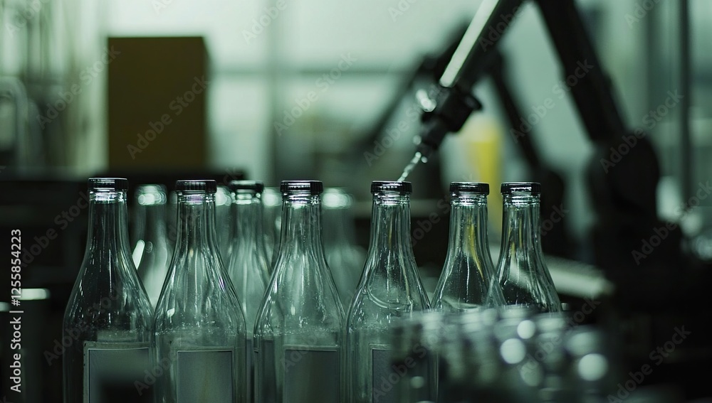 Poster automated bottling line: high-speed filling and capping of glass bottles in a modern factory