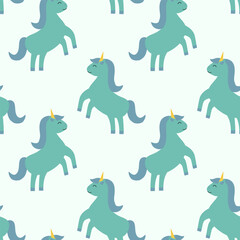Seamless Pattern with Green Unicorn. Children Vector Flat Illustration.
