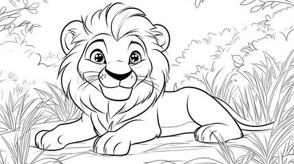 Obraz premium Cute Cartoon Lion with Blank Outline for Coloring Book or Kids Activity