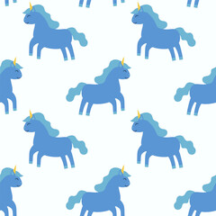 Seamless Pattern, Blue Unicorn. Children Vector Flat Illustration.