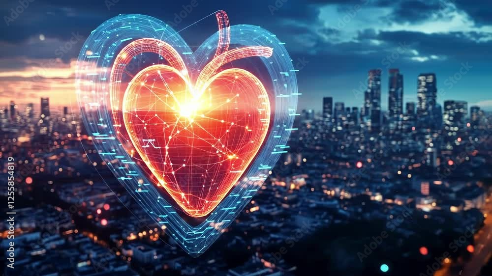 Aufkleber a 3d hologram of a heart pulsating in rhythm above a sprawling city with health data streams flowing