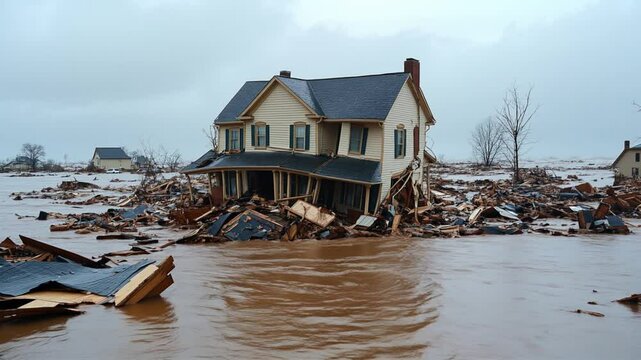 Aftermath of Disaster: A house teetering on the brink, surrounded by floodwaters and debris, a stark image of destruction and the devastating power of nature
