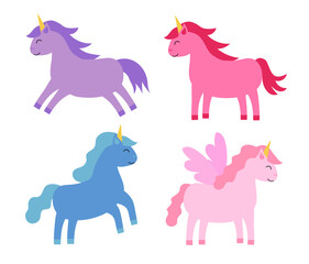 Set of Colorful Unicorns. Children vector flat illustration.