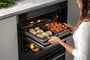 Woman in white clothes placing food tray into oven on kitchen
