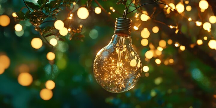 Light bulb is hanging from a tree