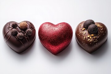 Fototapeta premium Heart-shaped chocolates and a decorative heart are displayed against a white background evoking feelings of love and indulgence