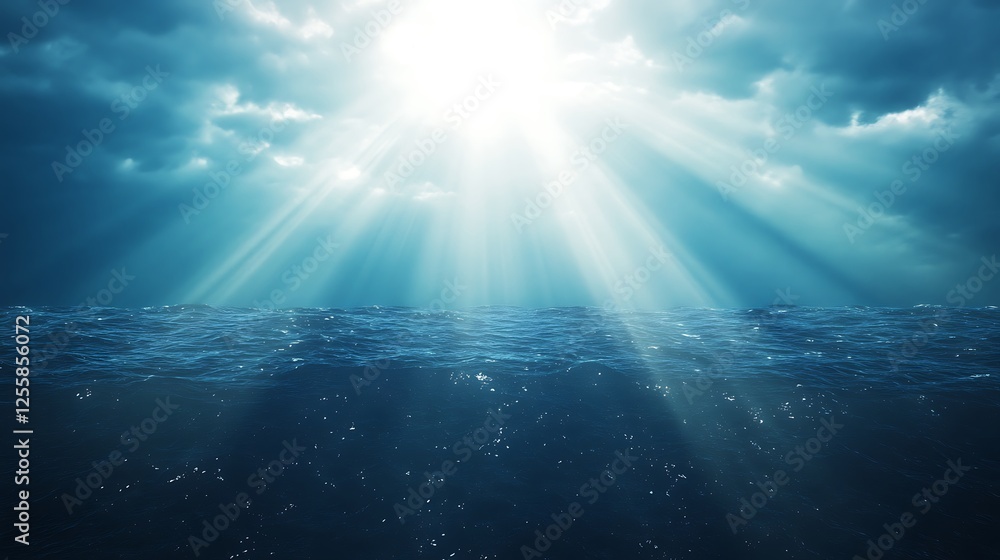 Poster A serene ocean scene with sunlight breaking through dark clouds, illuminating the water's surface and creating a tranquil atmosphere.