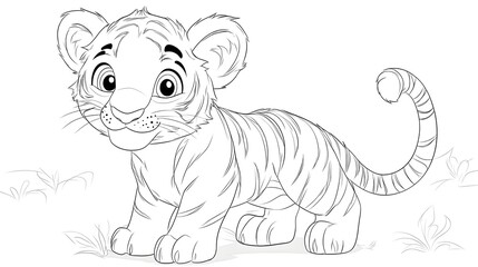 Fototapeta premium Cute Cartoon Tiger Cub with Blank Outline for Kids Coloring Activity