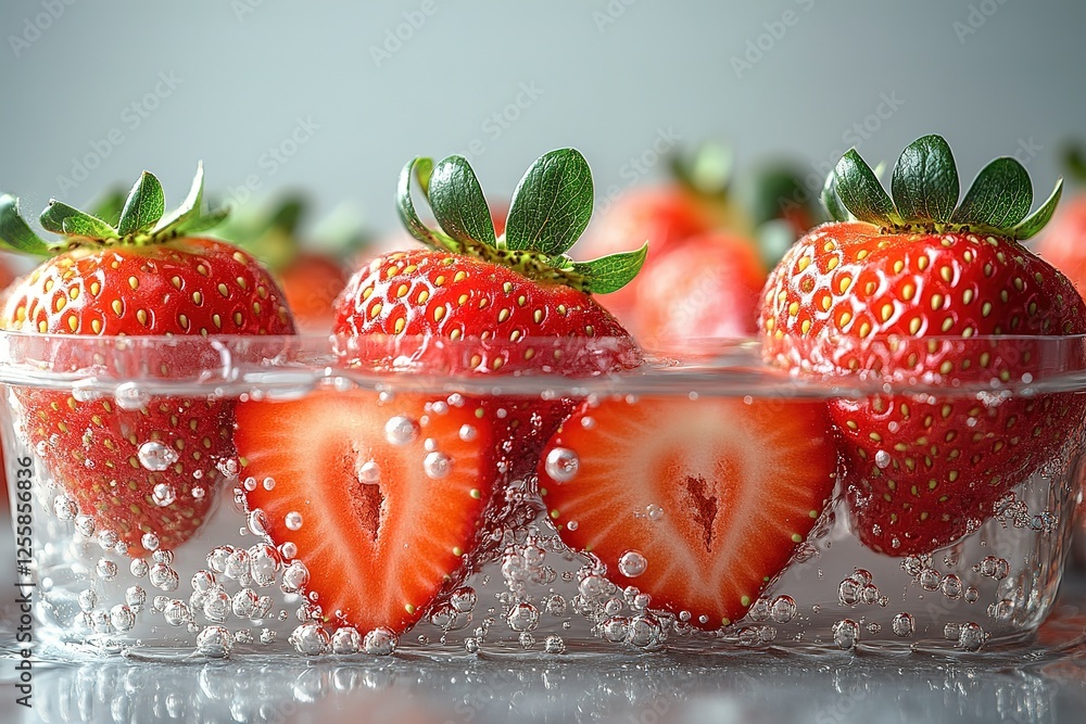Poster refreshing strawberries in bubbly water a visually appealing treat with a hint of fizz and freshness