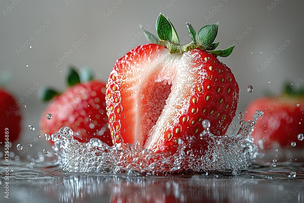 Poster strawberry splash: a halved strawberry plunges into water creating a dynamic splash other strawberri