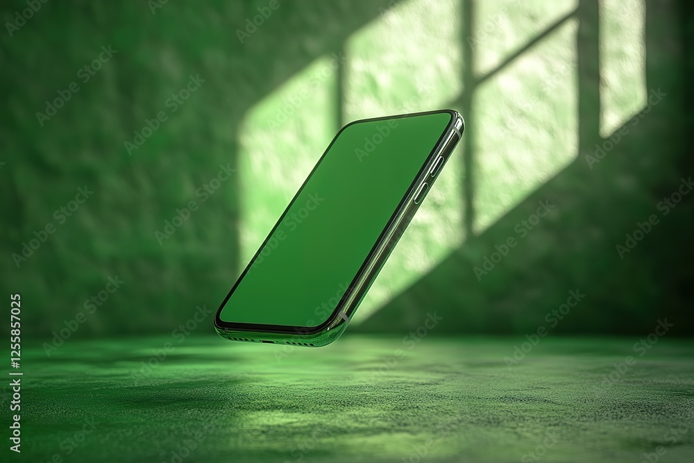 Aufkleber floating device with green screen against an illuminated green textured background technology concep