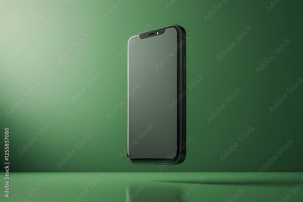 Poster sleek smartphone floating in a minimal green studio setting showcasing modern design and technology 