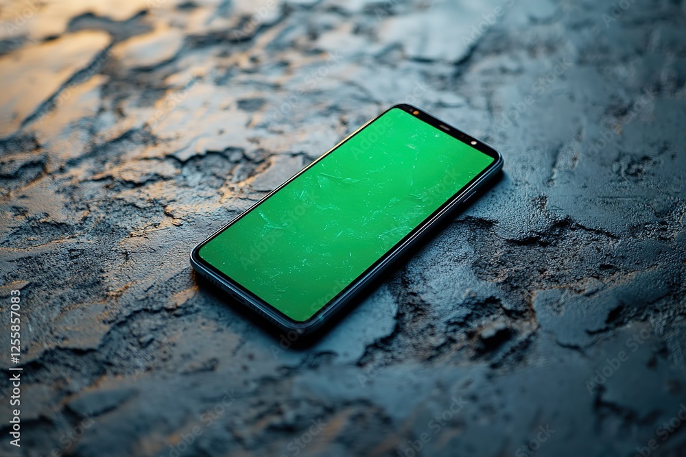 Aufkleber smartphone with green screen lying flat on textured surface; versatile mockup for app promotion or c