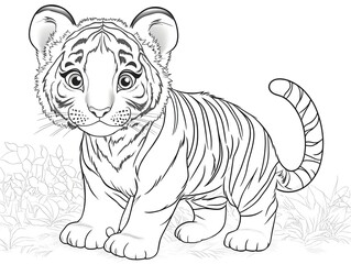 Obraz premium Cute Cartoon Tiger Outline for Coloring Book or Wall Art Design