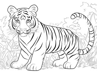 Fototapeta premium Cute Cartoon Tiger with Blank Outline for Kids Coloring Activity