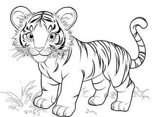 Obraz premium Cute Tiger Cartoon with Blank Outline for Kids to Color